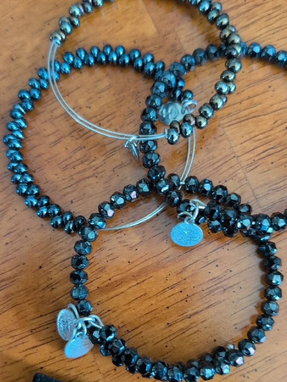 Set of Beaded Stretch Bangle Bracelets - Teal, Gunmetal, Iridescent